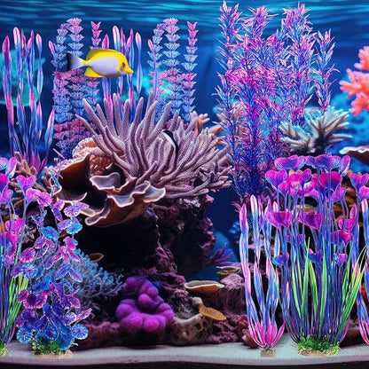 10 Pcs Large Aquarium Artificial Plants Decorations, Tall Plastic Fish Tank Plant Decorations for Household and Office Aquarium(Purple)