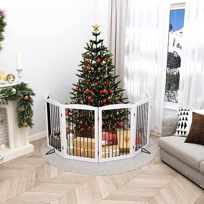 Freestanding Pet Gate for Dogs, Indoor Wooden Foldable Dog Gate for House, Extra Wide, Pet Fence for Stairs, Doorways, Halls, Support Feet Included, 120 Inch Wide, 6 Panels 32",White