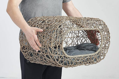 Fun Stackable Cat Condo for Indoor Cats - Interactive Play Faux Rattan Cat House for Indoor Cats Kitty, Pet Friendly Top/Side House Entry, Cat Bed Enclosed