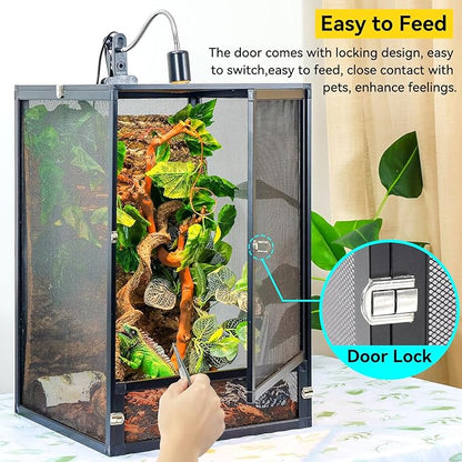 33 Gallon 360° Panoramic Foldable Reptile Terrarium Kit: Crested Gecko Tank and Reptile Cage for Superior Ventilation, Easy Feeding, Sturdiness, and Simple Assembly (Black, 26"x17"x17")