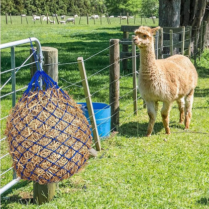 Fabbay 4 Pcs Slow Feed Hay Net Feeder Hay Bag for Horses Slow Feeder 40 Inch Length with 2 Inch Holes Hanging Horse Feed Net for Goat Cattle Equine Stalls Barn Supplies(Blue)
