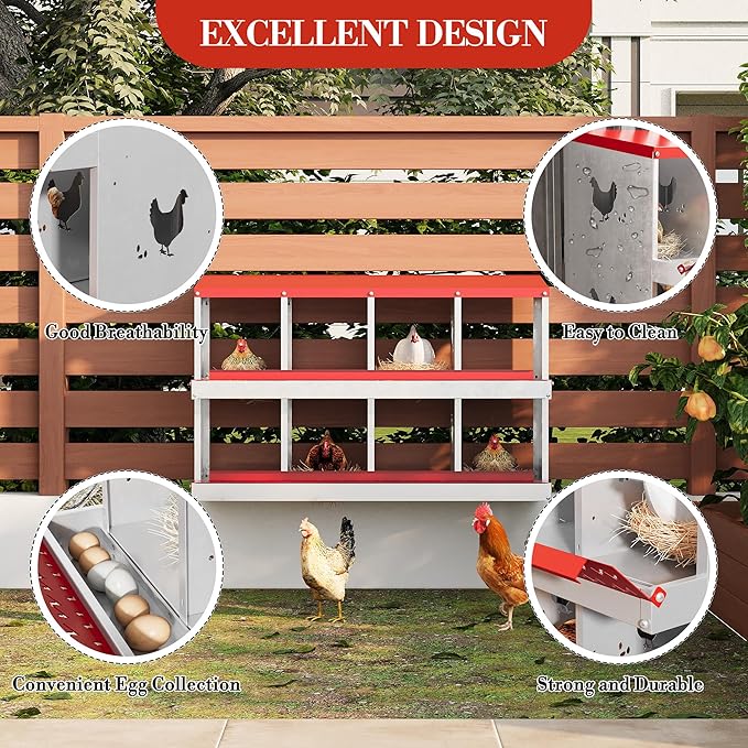 8 Hole Chicken Nesting Box with Roll Out Egg Tray, Rustproof & Ventilated Chicken Laying Boxes for Hens, Chickens, Ducks | Easy-Clean Poultry Coop Accessories