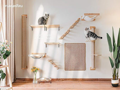 FUKUMARU Cat Hammock Wall Mounted, Kitty Beds and Perches, Wooden Cats Furniture, Stable Wall Shelves for Sleeping, Playing, Climbing, and Lounging