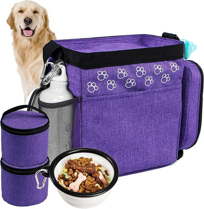 Dog Travel Bag with Treat Pouch, Airline Approved Dog Bags for Traveling, 2 Dog Food Travel Container, 2 Travel Bowls, Weekend Dog Travel Bag for Supplies, Dog Travel Kit Accessories