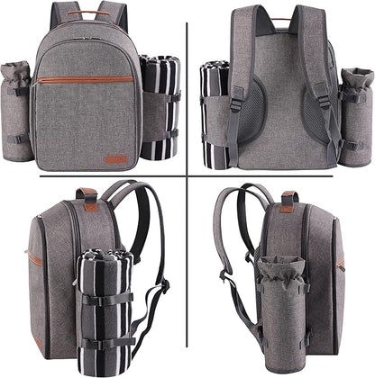 Apollo Walker Picnic Backpack Set for 2 Person with Cooler Compartment, Detachable Bottle/Wine Holder, Fleece Blanket, Plates and Cutlery Set