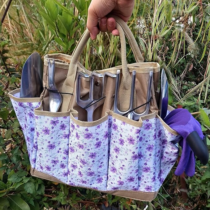 41-Piece Premium Gardening Tool Set, Stainless Steel Heavy Duty Gardening Tool Kit, with Non-Slip Rubber Grip, Storage Tote Bag, Outdoor Hand Tools, Ideal Gardening Gifts for All (Purple Floral)